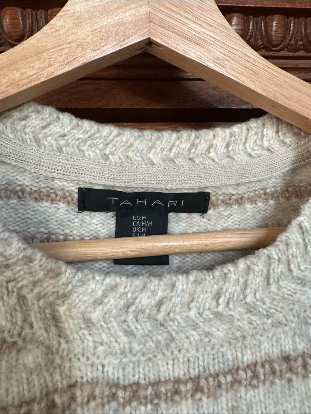 Tahari Cream & Tan Striped Crewneck Sweater
